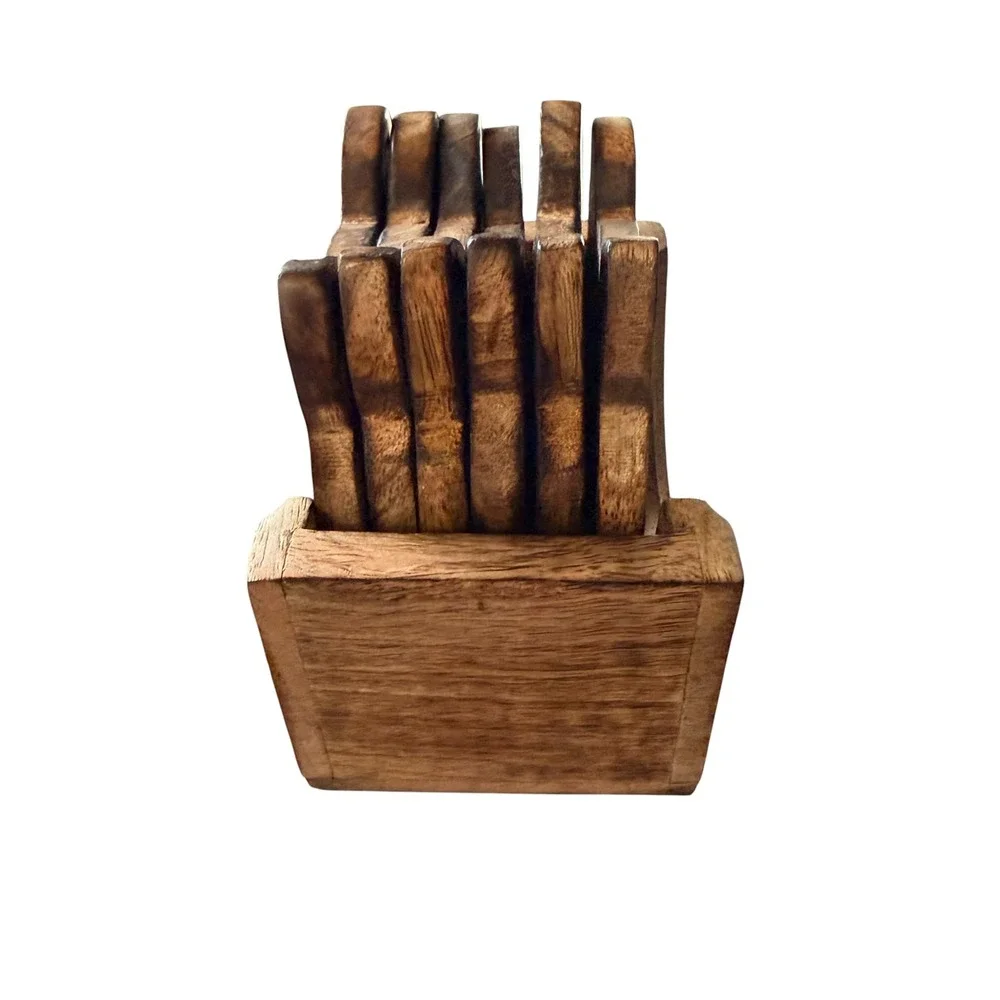 Handmade Wooden Fox Cat Face Coaster Set of 6 with Holder Rustic Brown India